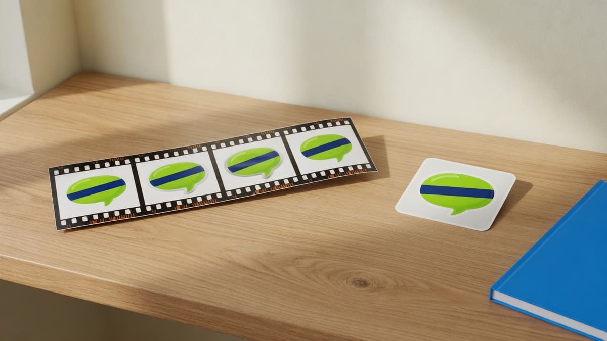 Oak-desk crop of a lime speech-bubble sticker looping as a social thumbnail beside a heavy film-strip print