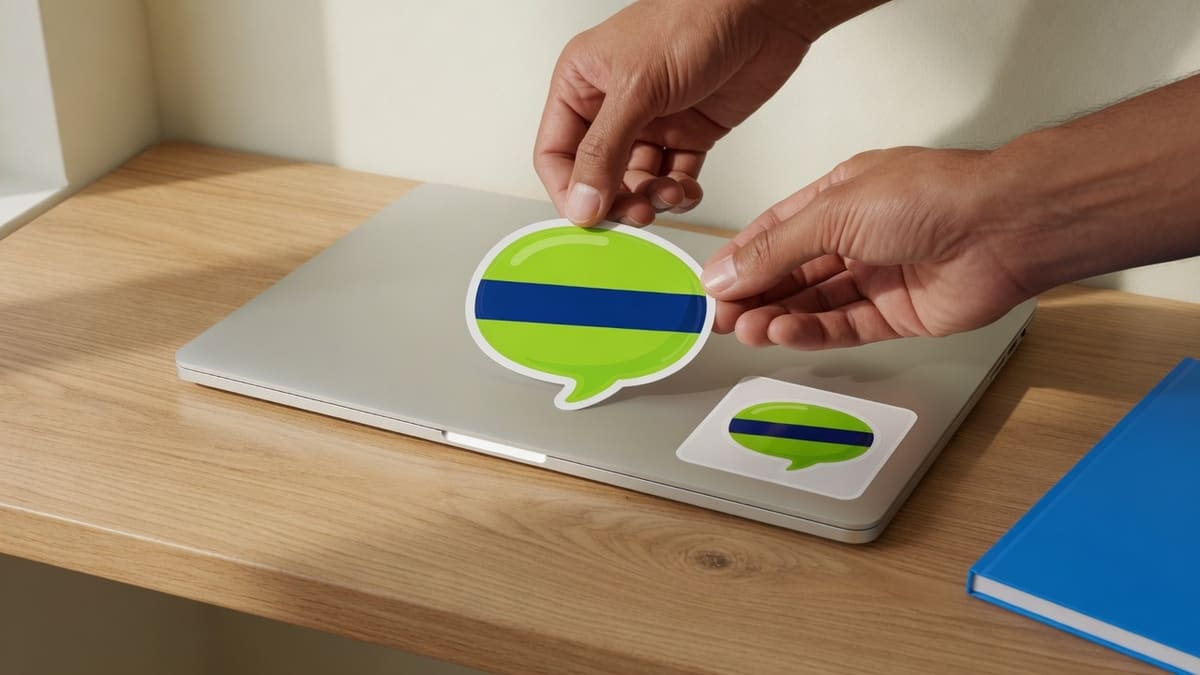 Hands placing a lime speech-bubble GIF sticker on a cream desk next to a social-thumbnail print