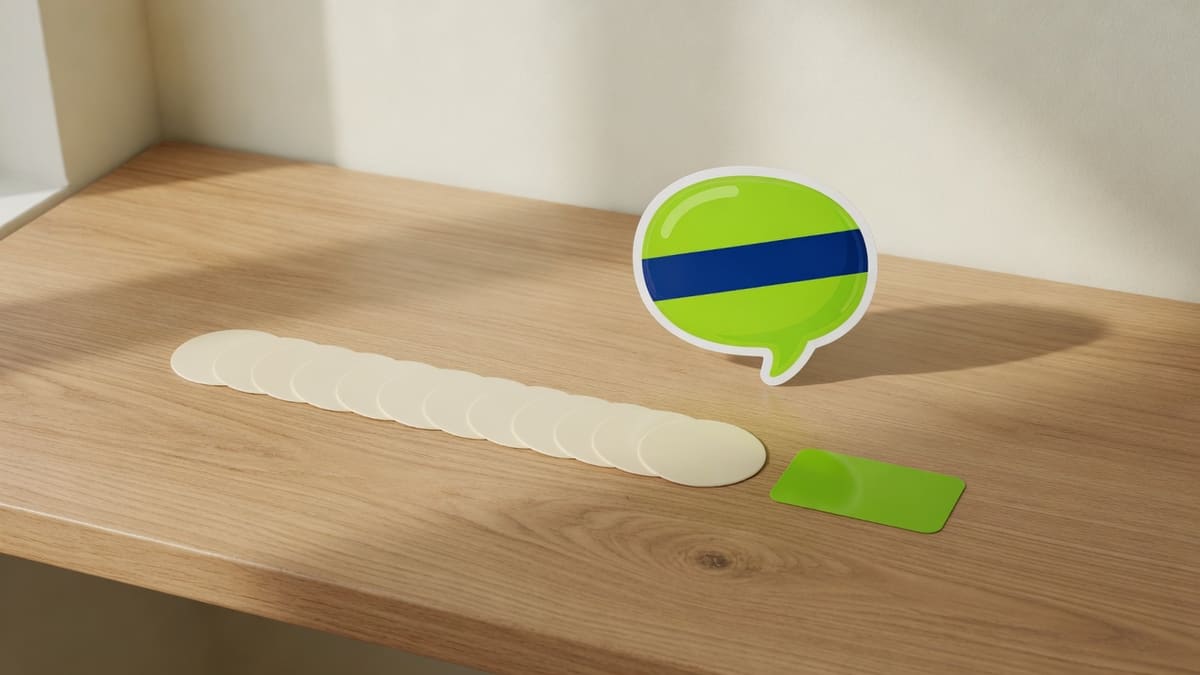 Lime speech-bubble sticker on a laptop desk beside empty size chips and a filled lime custom-size block