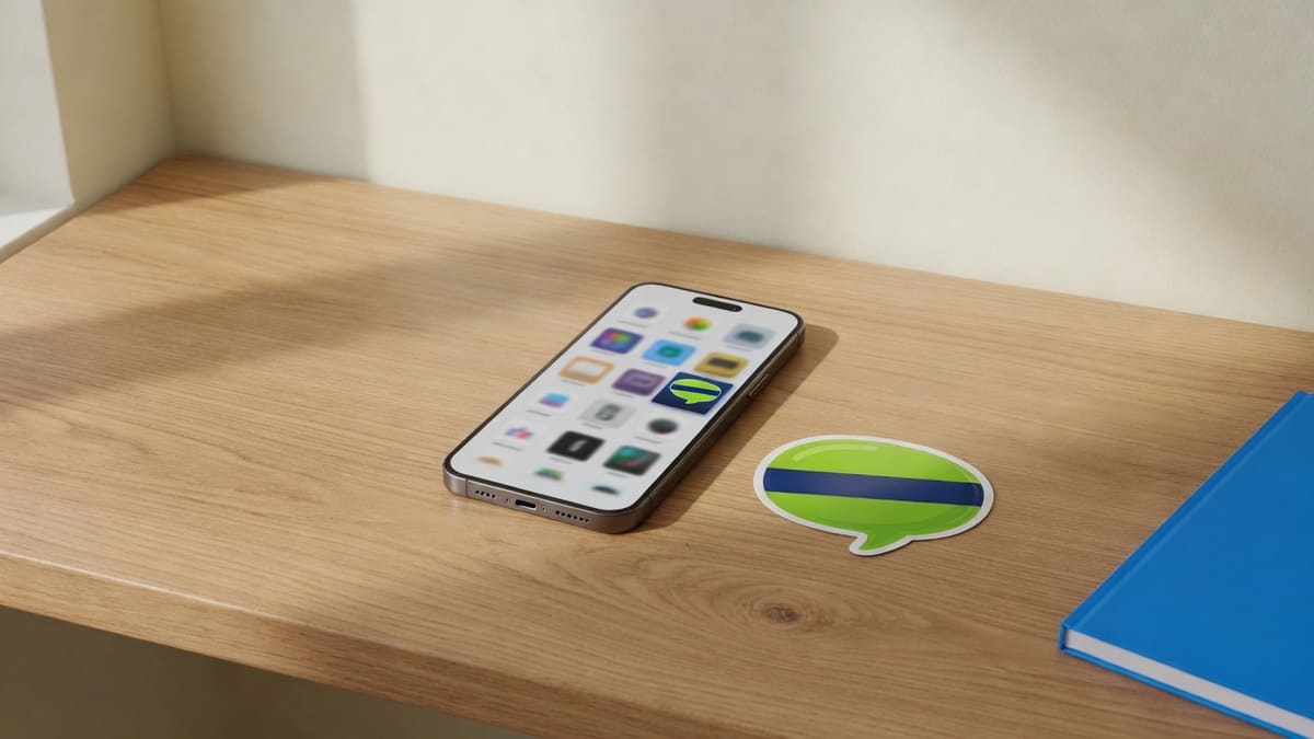 Phone on an oak desk showing the lime speech-bubble GIF ready for a chat thumbnail after a 100KB compress
