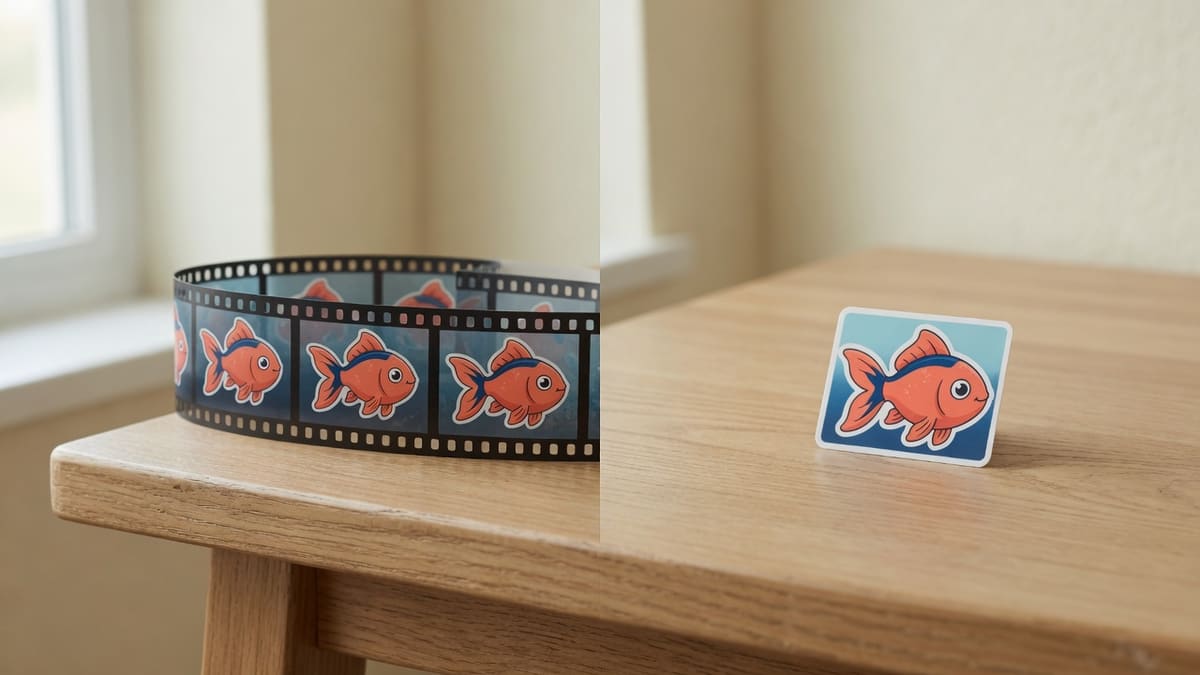 Oak-desk crop of a coral goldfish sticker looping in a forum-avatar square beside a heavy film-strip print