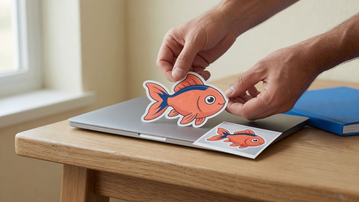 Hands placing a coral goldfish GIF sticker on a cream desk next to a forum-avatar print