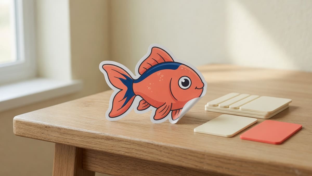 Coral goldfish sticker on a laptop desk beside empty size chips and a filled coral custom-size block