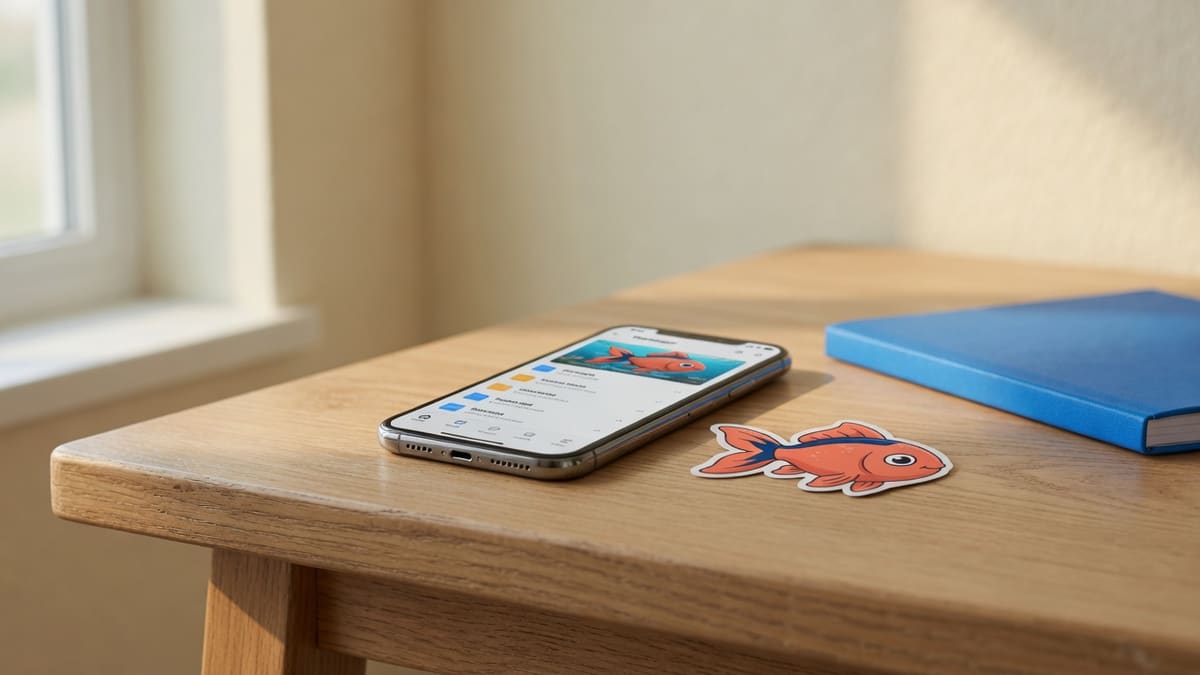 Phone on an oak desk showing the coral goldfish GIF ready for an email signature after a 500KB compress