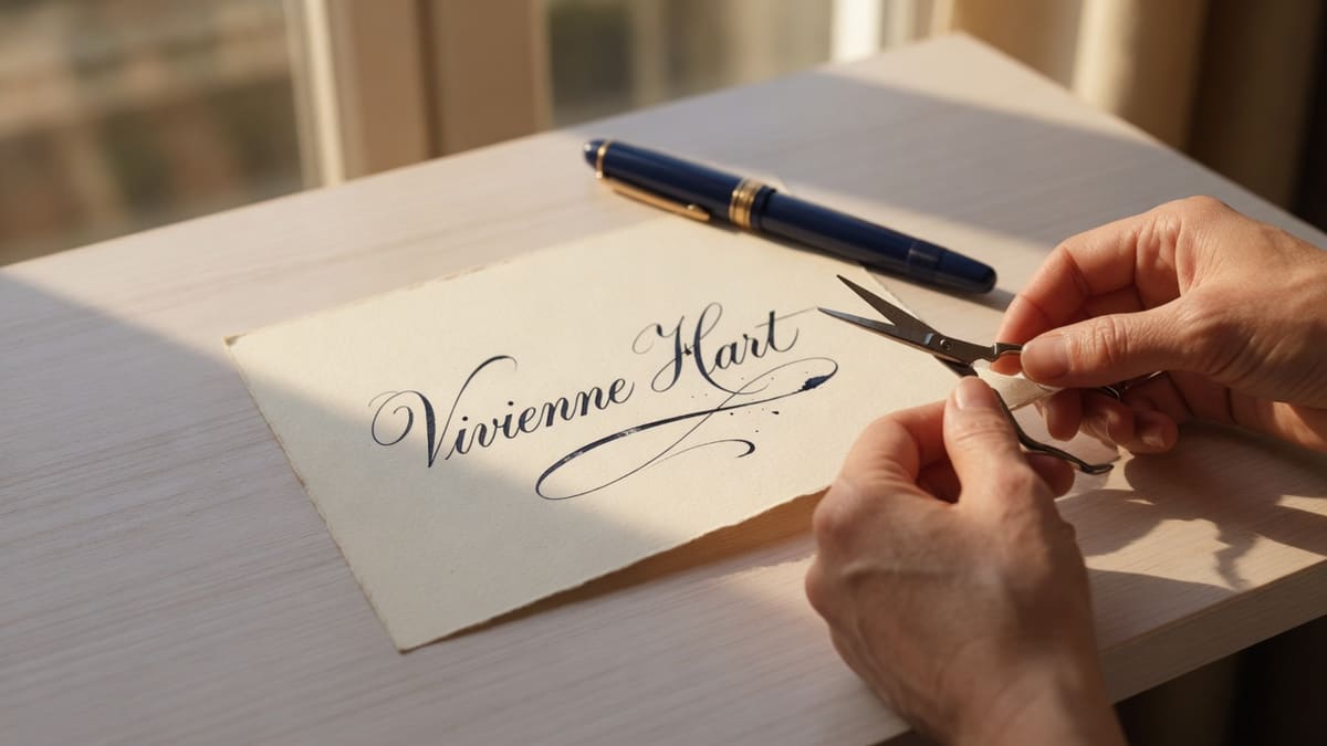 Hands cropping a black-ink signature on cream paper with a navy fountain pen still on the desk