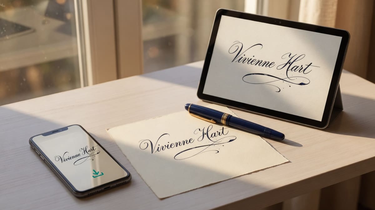 Laptop and phone showing a downloaded signature JPG next to a teal download arrow and the navy pen