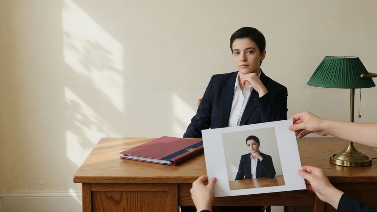 A navy-blazer exam portrait on an oak desk next to a college form that prints a 150KB photo maximum