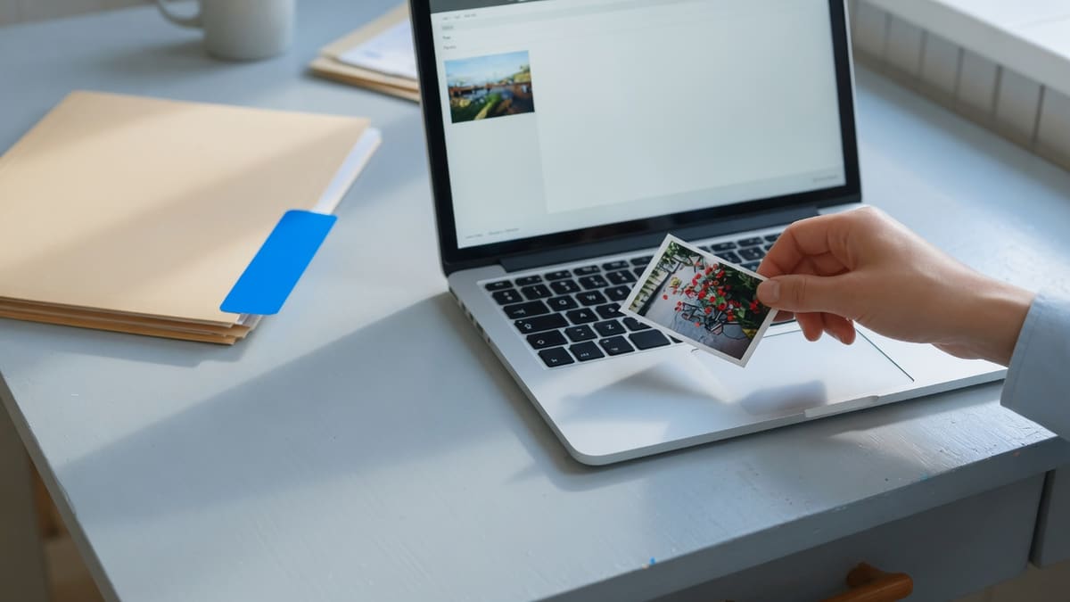 A camera original on a desk next to an email compose window waiting for a 1MB attachment