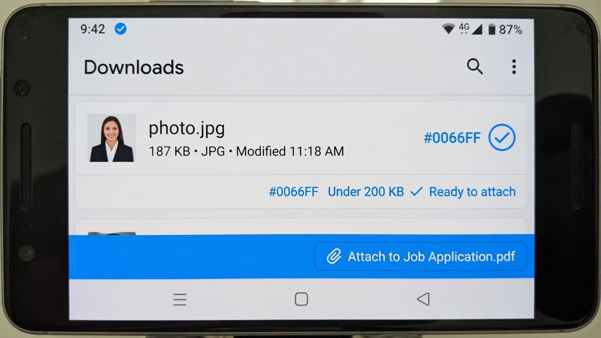 Phone Files app showing a JPG under 200KB after compress, ready to upload