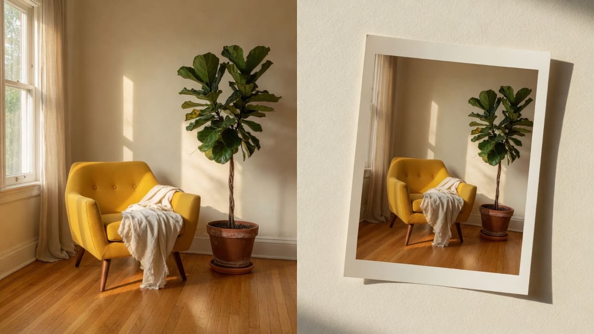 Wide listing-gallery crop of a mustard armchair and fiddle-leaf fig beside the same room as a heavy PNG export