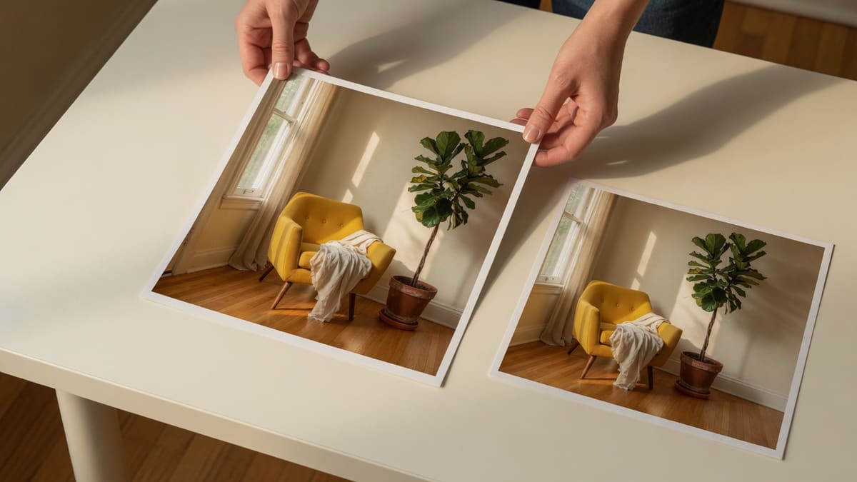 Hands placing a mustard-armchair listing photo on a cream desk next to a property-gallery print