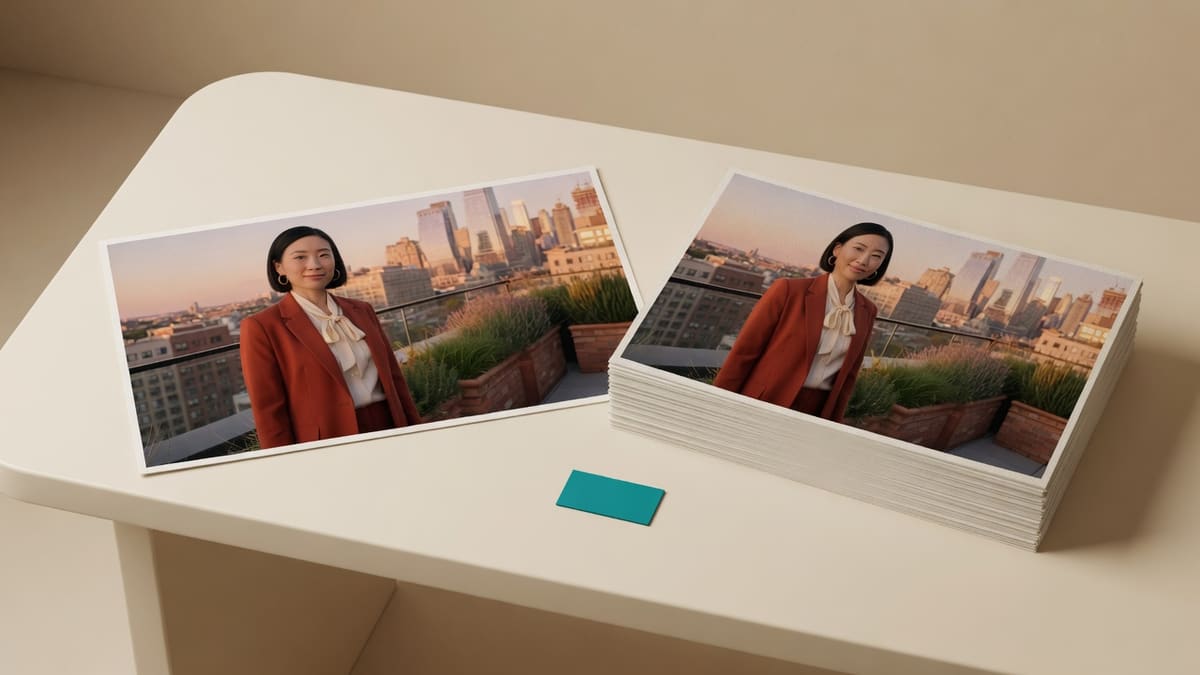 Wide LinkedIn-cover crop of a terracotta-blazer rooftop photo next to the same scene as a heavy PNG banner