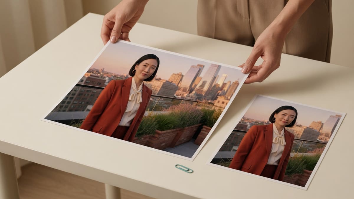 Hands placing a rooftop cover photo on a cream desk next to a LinkedIn-style wide crop print