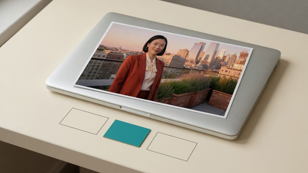Rooftop cover photo on a laptop desk beside a selected blank teal 500KB chip
