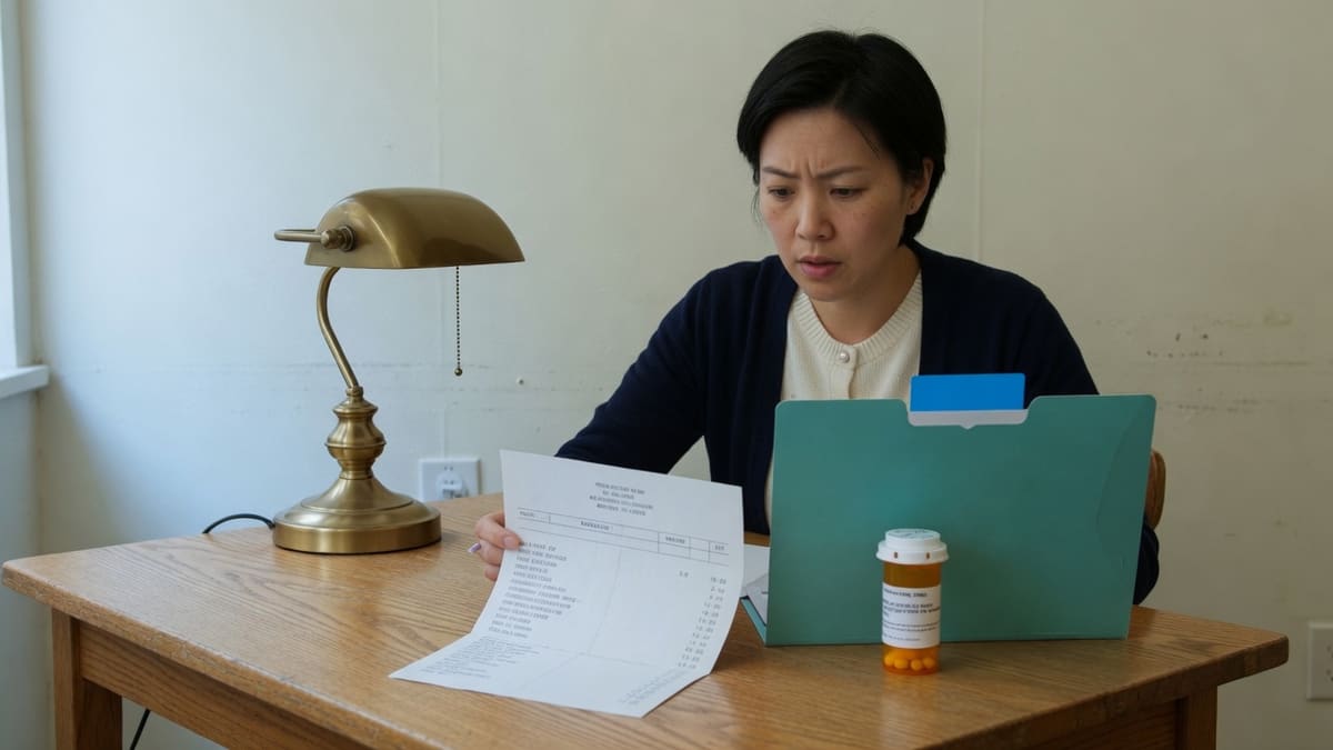 Hospital bill and teal insurance folder on an oak table, showing why an 80KB ceiling keeps totals readable