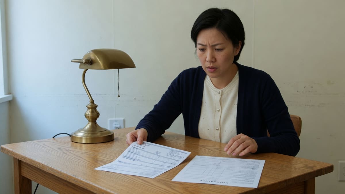 Navy-cardigan claimant at an oak table next to a hospital form that prints an 80KB scan maximum